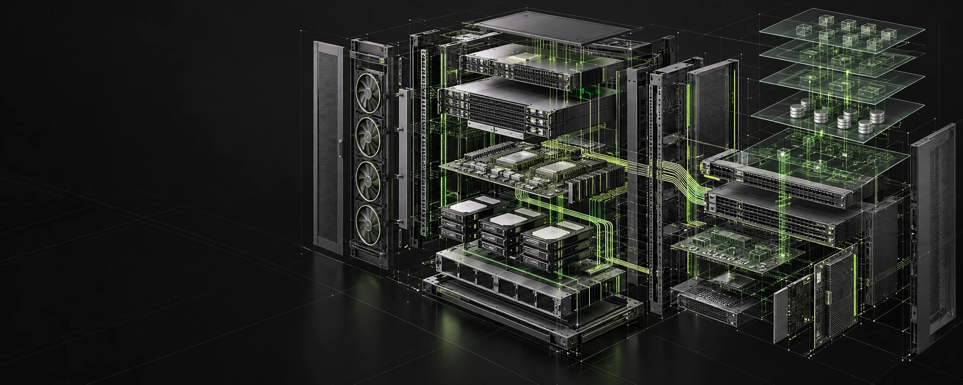 Arquitectura de sistemas: servidor en despiece con capas de software y conexiones en verde lima