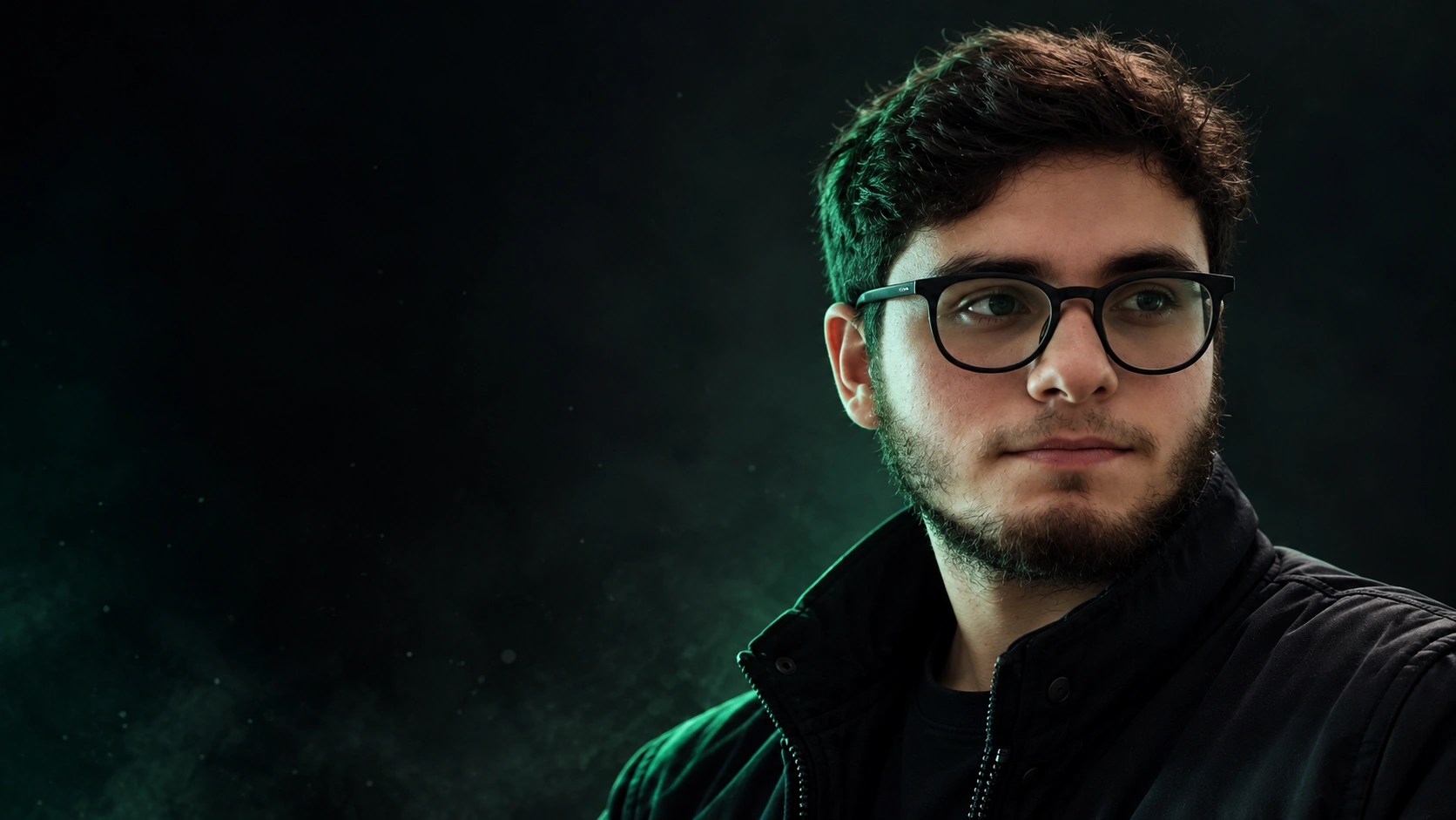 Retrato editorial de César Domínguez con gafas y chaqueta negra, mirando hacia la derecha con luz verde lateral